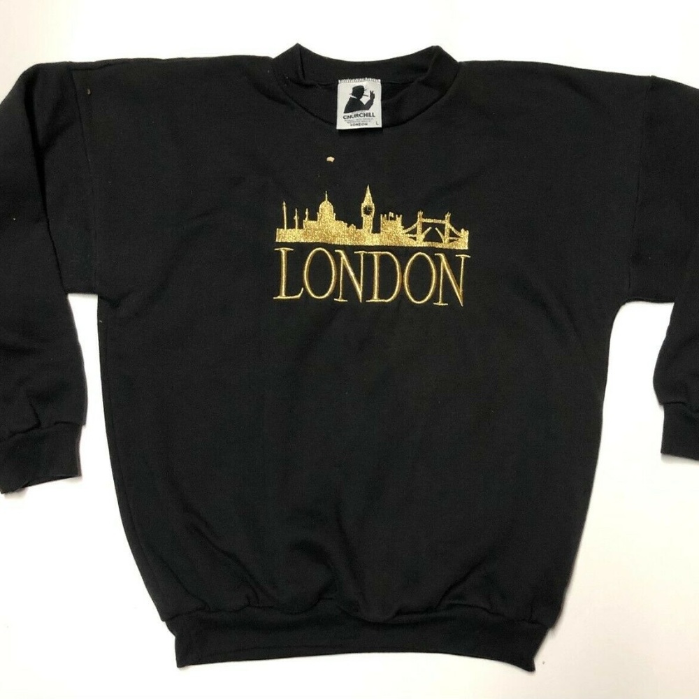 Vintage Churchill LONDON ENGLAND Black Heavyweight Crewneck Sweatshirt Size Lrg